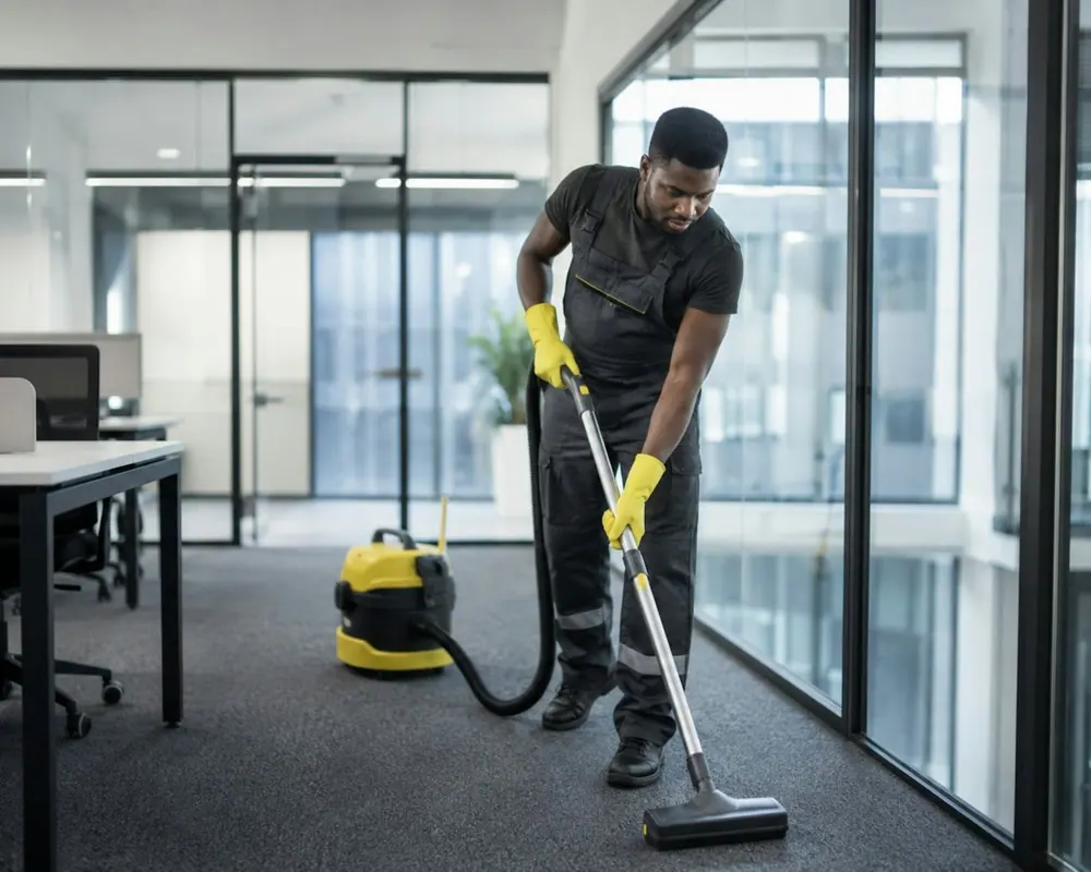 Professional cleaner working in a modern commercial office